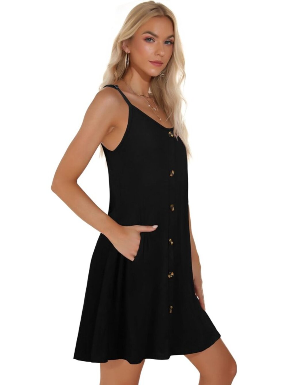 Women's Black Summer Dresses Spaghetti Strap Button Down V Neck Sundress Beach - Picture 5 of 7